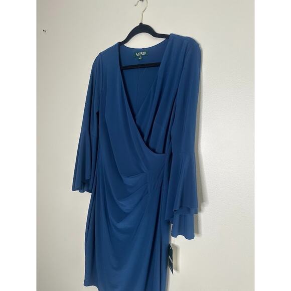 Lauren Ralph Lauren Dress Womens 8 Floral Bell Sleeve Blue Stretch Career Wrap - Picture 2 of 9